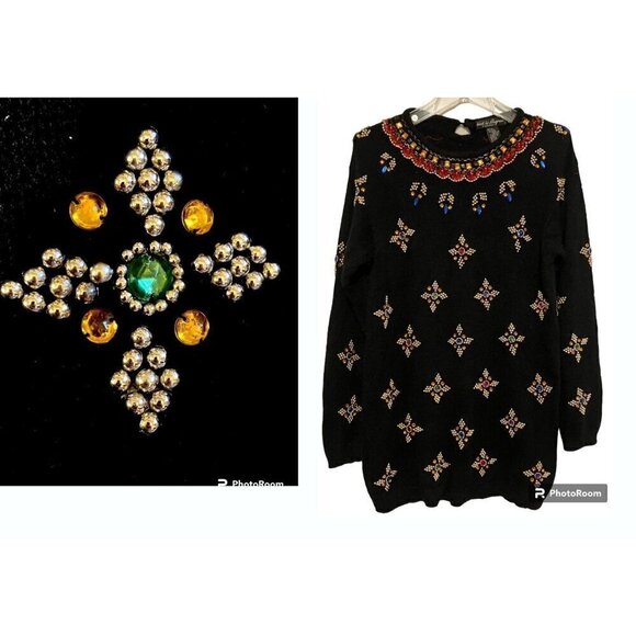 Vintage Tunic Sweater L Jeweled Beaded Silk Angora Lambswool Soft Cozy 90s - Picture 1 of 6